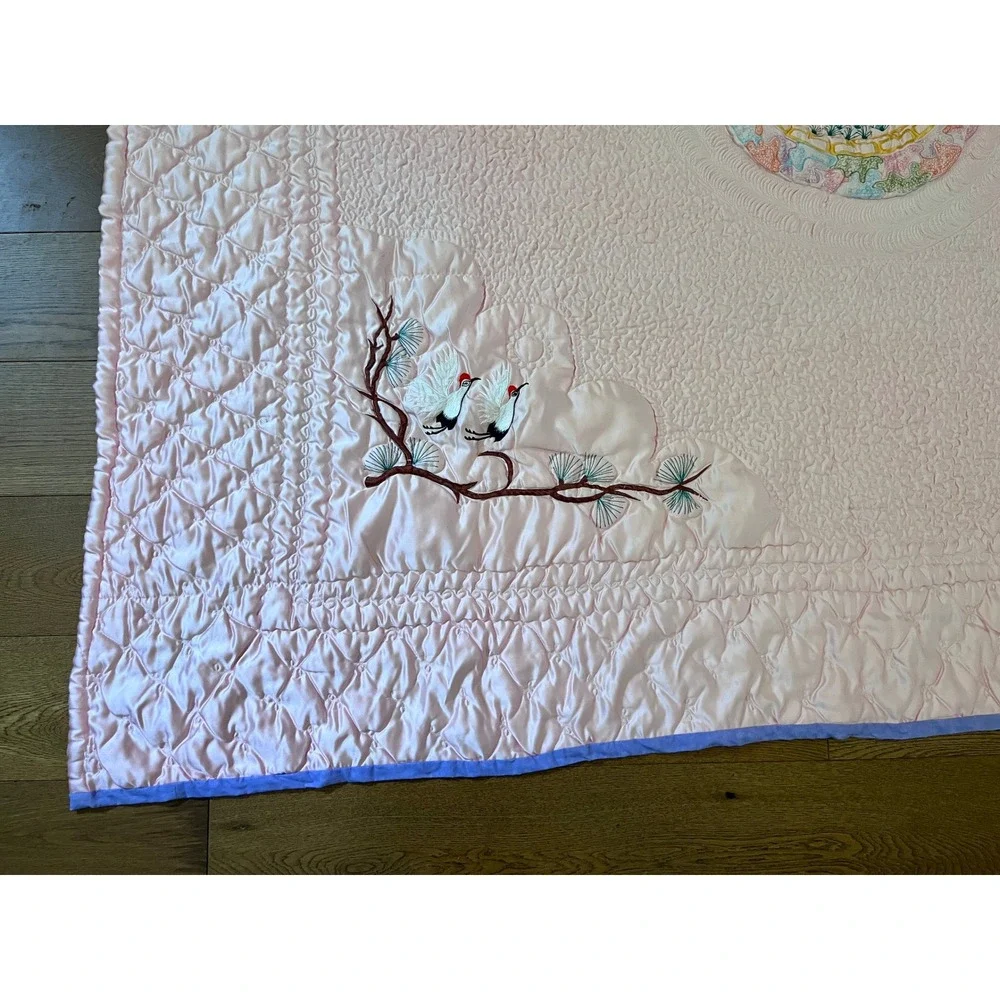 Vintage Asian Satin Wedding Quilt Pink Crane Embroidery Bedspread 80x80 Handmade
